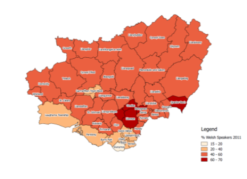 A map showing the electoral wards of Carmarthenshire and the % of Welsh speakers in 2011 within them.