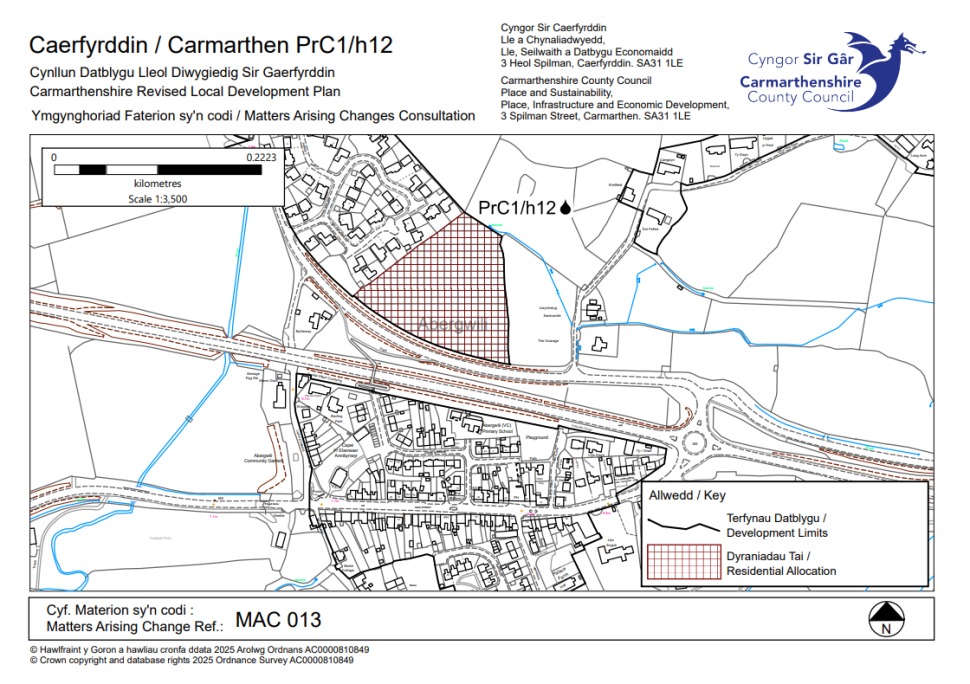 Local development plan map for Caerfyrddin (Carmarthen) PrC1/h12, highlighting a red cross-hatched area labelled "Residential Allocation"