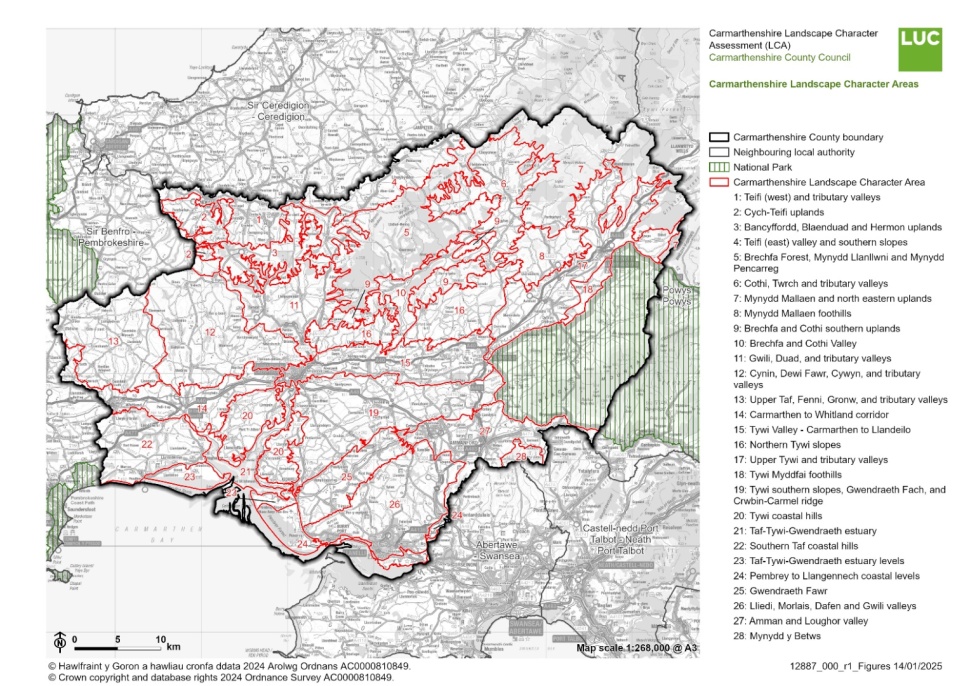 Map of Carmarthenshire divided into 28 Landscape Character Areas, each outlined in red. The key on the right lists each area by number and name, such as "Teifi uplands," "Brechfa Forest," and "Tywi coastal hills." 