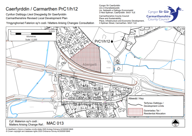 Local development plan map for Caerfyrddin (Carmarthen) PrC1/h12, highlighting a red cross-hatched area labelled "Residential Allocation"