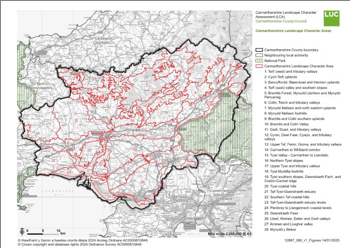 Map of Carmarthenshire divided into 28 Landscape Character Areas, each outlined in red. The key on the right lists each area by number and name, such as "Teifi uplands," "Brechfa Forest," and "Tywi coastal hills." 